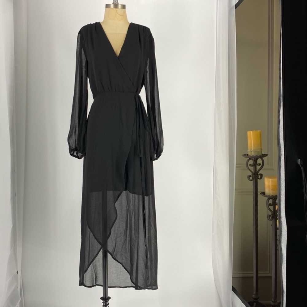 Bardot Black Wrap Dress with Sheer Long Sleeves Size 8